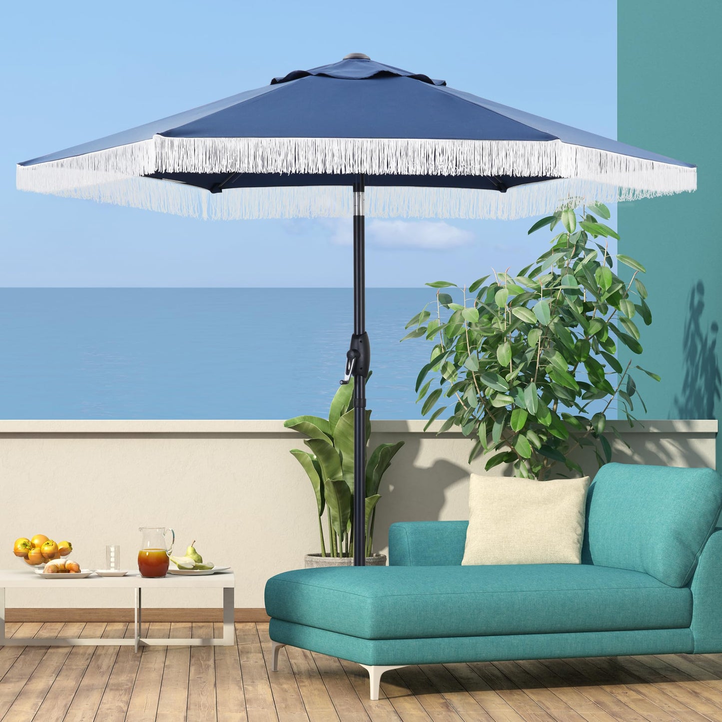 GDY 7.5ft Tassel Patio Umbrella and Matching Base, Outdoor Table Umbrella with 18 LED Lights,Market Umbrella with 6 Sturdy Ribs, with Push Button Tilt and Crank, Bright White