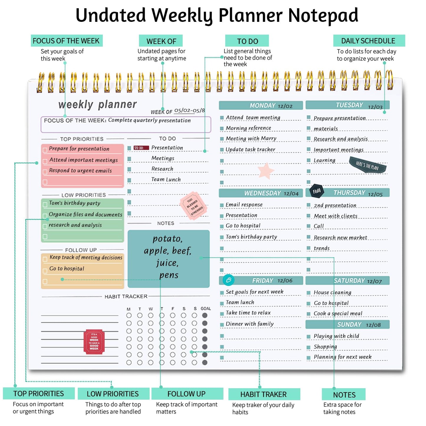 Thboxes Weekly Desk Planner, 8.5x11 In To Do List Notepad, 52 Sheets, Pink | Productivity Organizer, Work from Home Essentials, Undated Tear Off Pages, Office, College, School, Student and Teacher Gifts