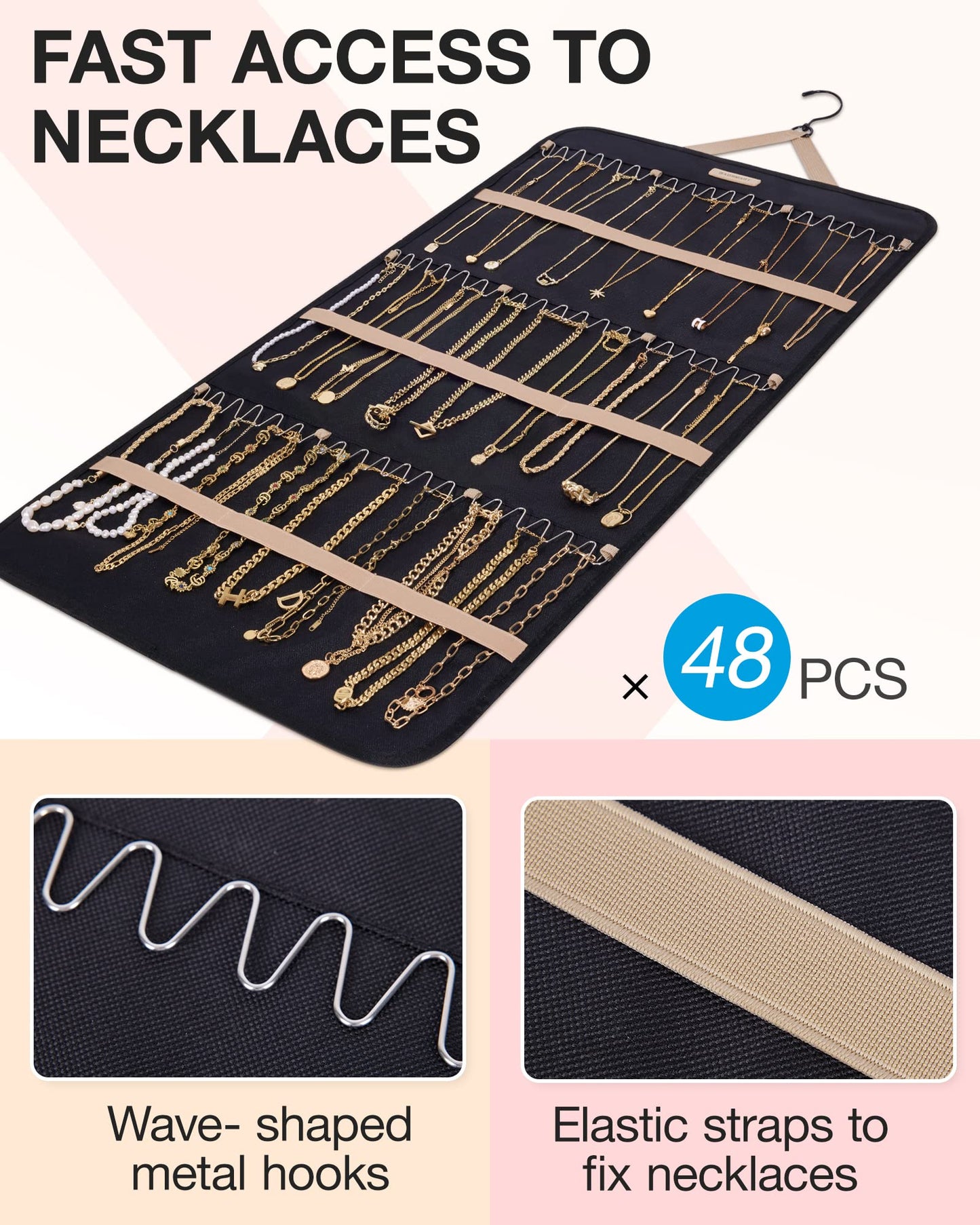 BAGSMART Hanging Jewelry Organizer Storage Roll with Hanger Metal Hooks Double-Sided Jewelry Holder for Earrings, Necklaces, Rings on Closet, Wall, Door, 1 piece, Medium, Pink
