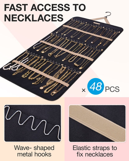 BAGSMART Hanging Jewelry Organizer Storage Roll with Hanger Metal Hooks Double-Sided Jewelry Holder for Earrings, Necklaces, Rings on Closet, Wall, Door, 1 piece, Medium, Pink