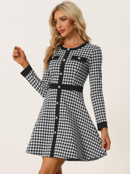 Allegra K Women's Houndstooth Plaid A-Line Elegant Business Work Dress