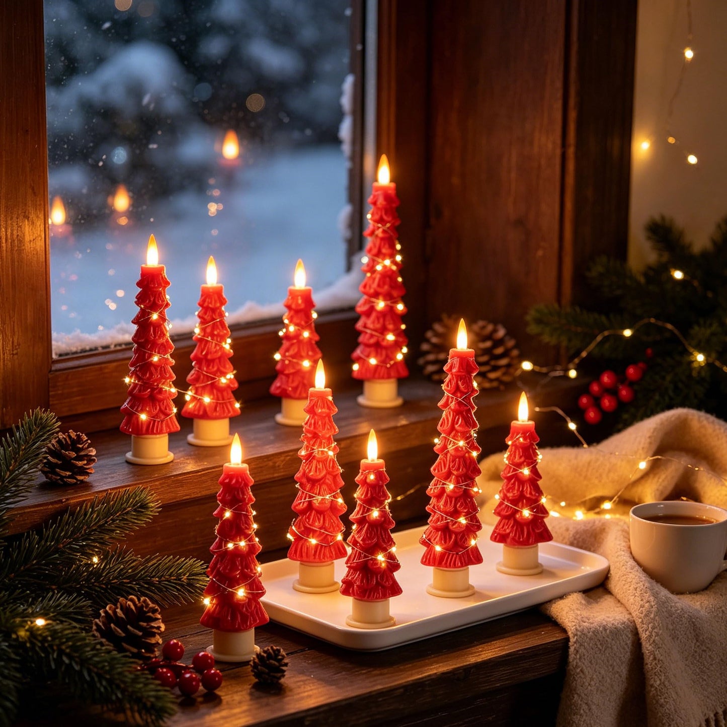 2 Pack White Christmas Tree LED Taper Candles, Flameless Flickering Candles with Copper String Lights, Upgraded Realistic Flame Effect, Battery Operated with Remote for Christmas Home Decoration