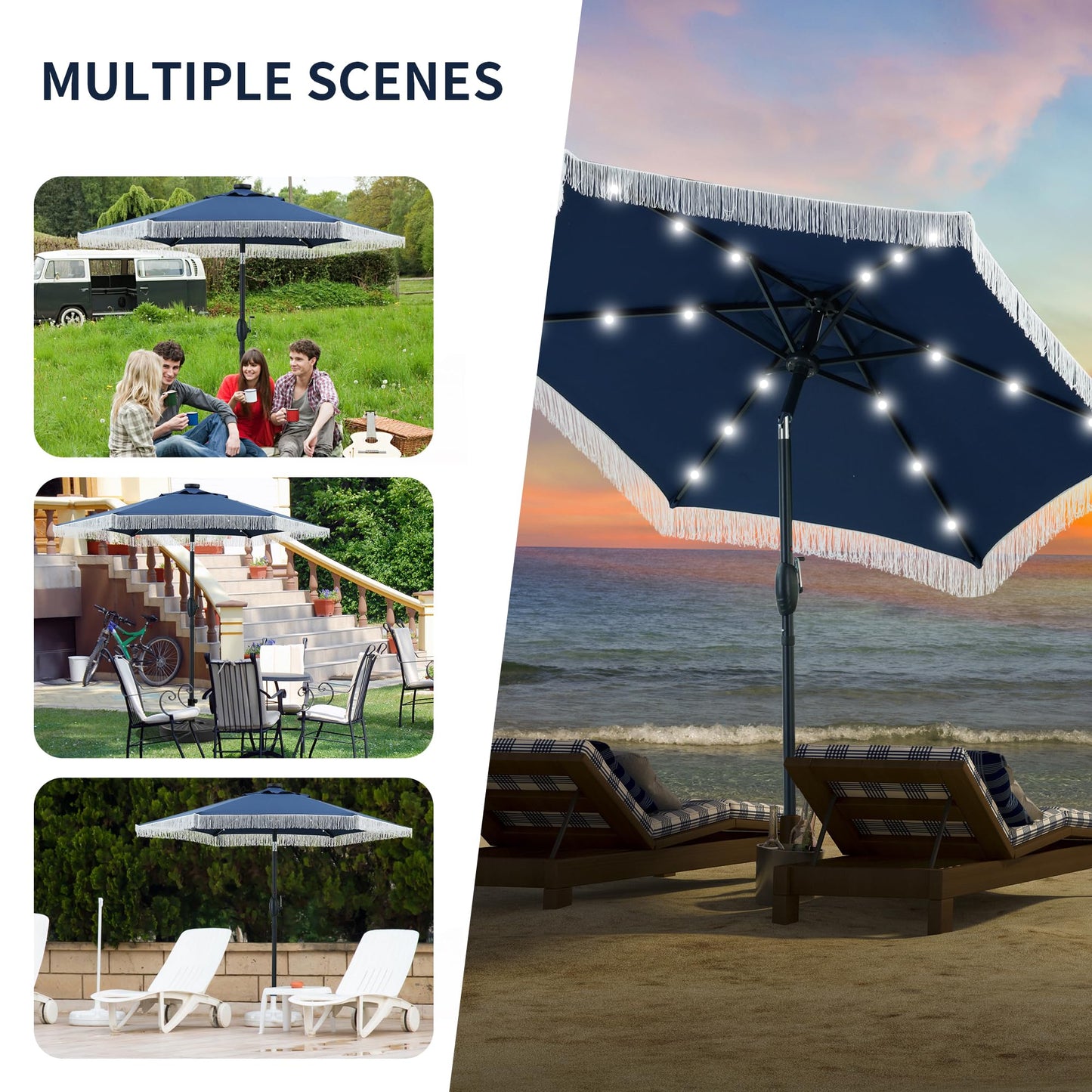 GDY 7.5ft Tassel Patio Umbrella and Matching Base, Outdoor Table Umbrella with 18 LED Lights,Market Umbrella with 6 Sturdy Ribs, with Push Button Tilt and Crank, Bright White