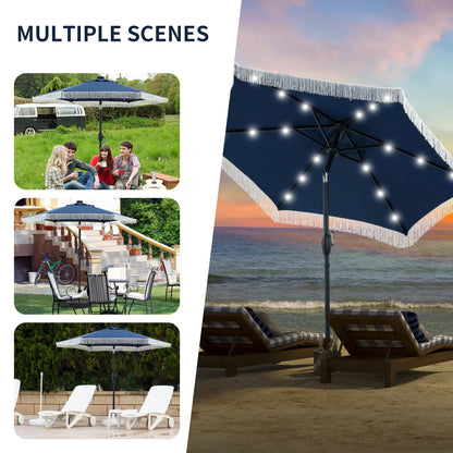 GDY 7.5ft Tassel Patio Umbrella and Matching Base, Outdoor Table Umbrella with 18 LED Lights,Market Umbrella with 6 Sturdy Ribs, with Push Button Tilt and Crank, Bright White