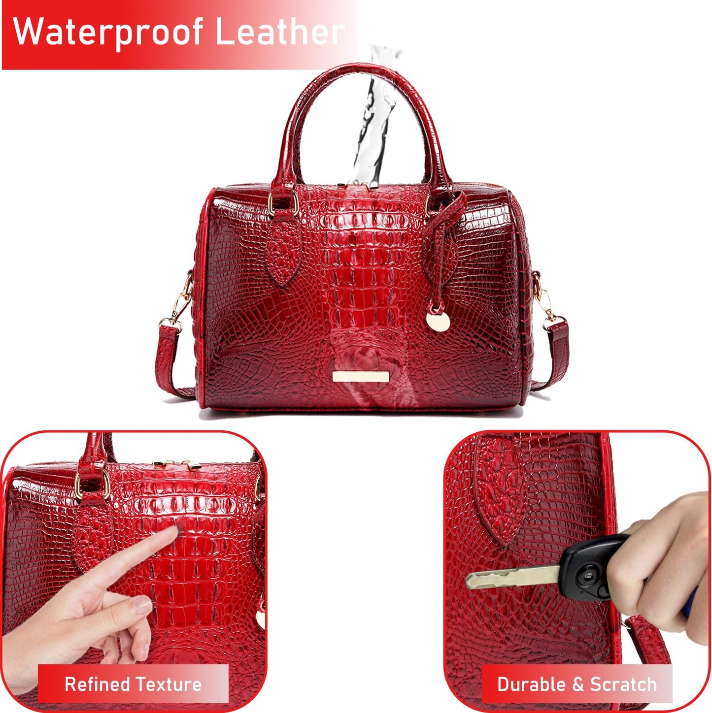 Makcr Joacbv Crocodile Handbag for Women Top Handle Leather Shoulder Purse | Glossy crocodile-embossed vegan leather with rolled handles, buckle details, a structured dome shape, and adjustable strap.