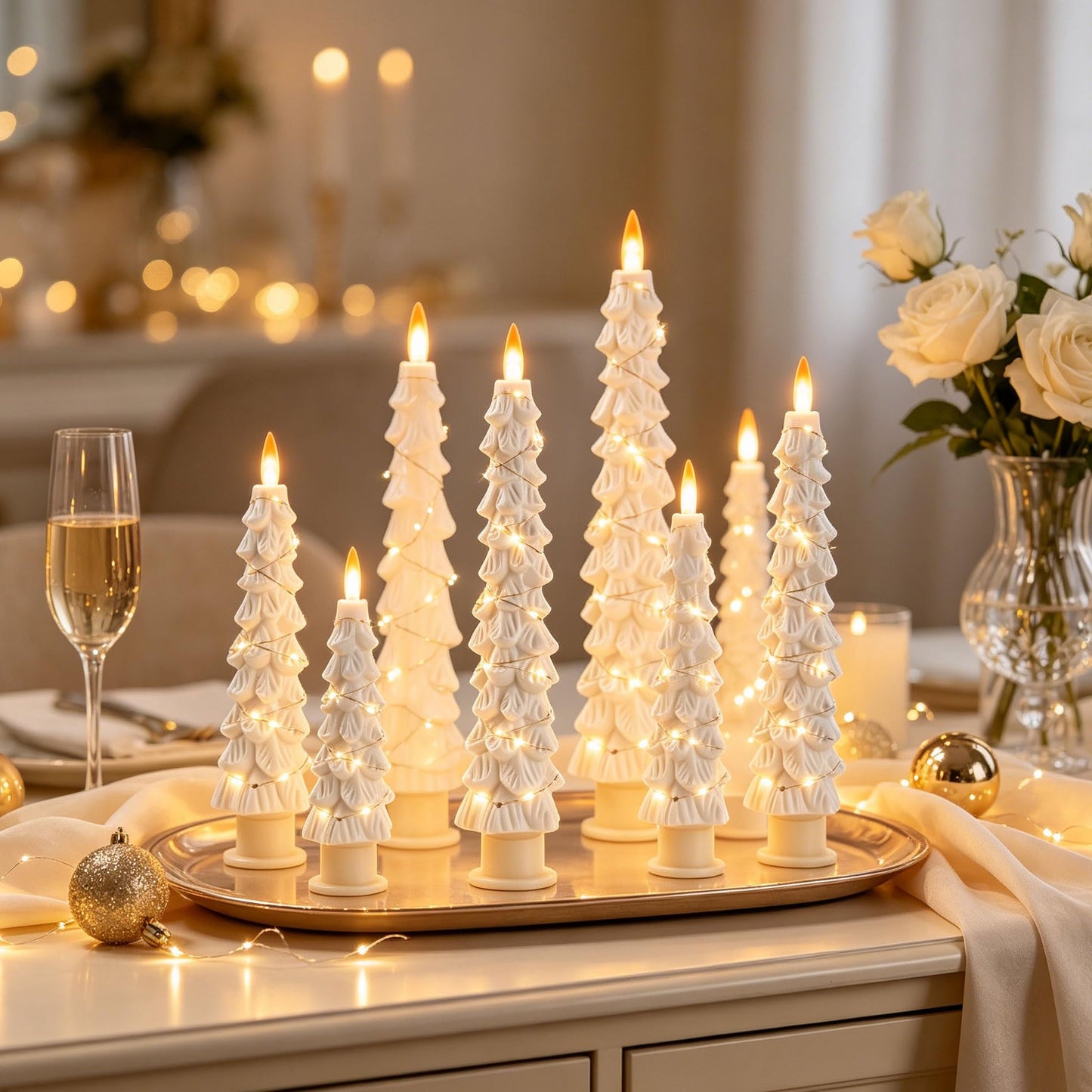 2 Pack White Christmas Tree LED Taper Candles, Flameless Flickering Candles with Copper String Lights, Upgraded Realistic Flame Effect, Battery Operated with Remote for Christmas Home Decoration