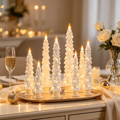 2 Pack White Christmas Tree LED Taper Candles, Flameless Flickering Candles with Copper String Lights, Upgraded Realistic Flame Effect, Battery Operated with Remote for Christmas Home Decoration