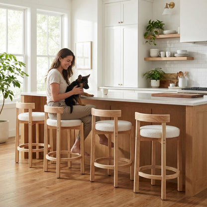 LukeAlon Mid Century Linen Counter Stools Set of 4, Upholstered 26.5” Seat Height Low Barstools with Natural Wood Legs Round Low Back Kitchen Stools with Footrest for Dining Room, Beige