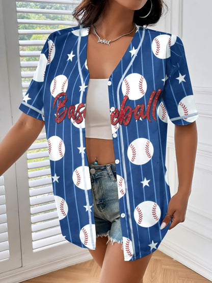 Baseball Shirt Women Baseball Jersey Graphic Button Down Shirt Game Day Short Sleeve Tops