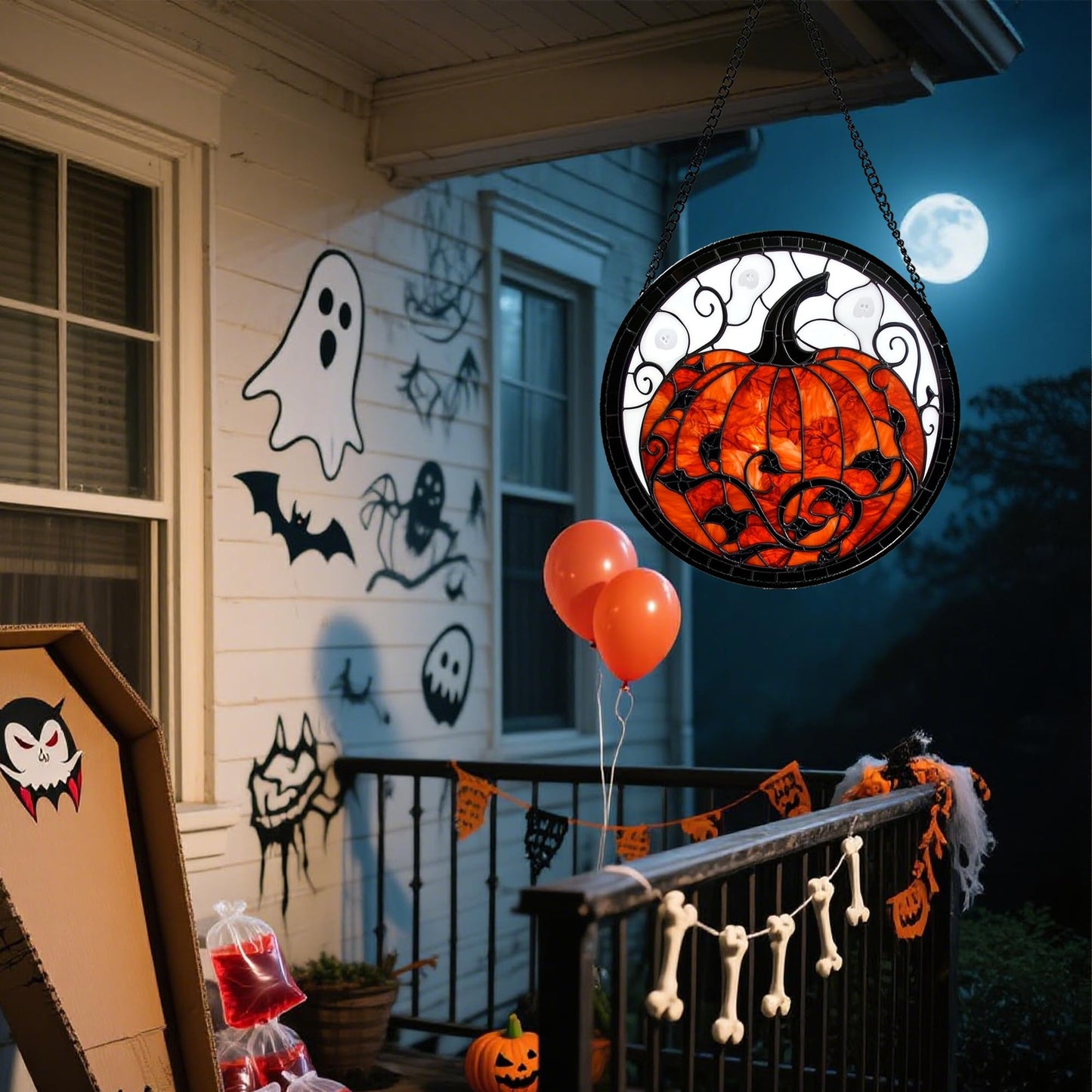 Stained Glass Window Hanging - Halloween Red White Scary Pumpkin Suncatcher for Doors Garden Home Spooky Rattan Sun Catchers Gothic Decor Horror Gifts for Women Men Friend Boy Girl 15 in