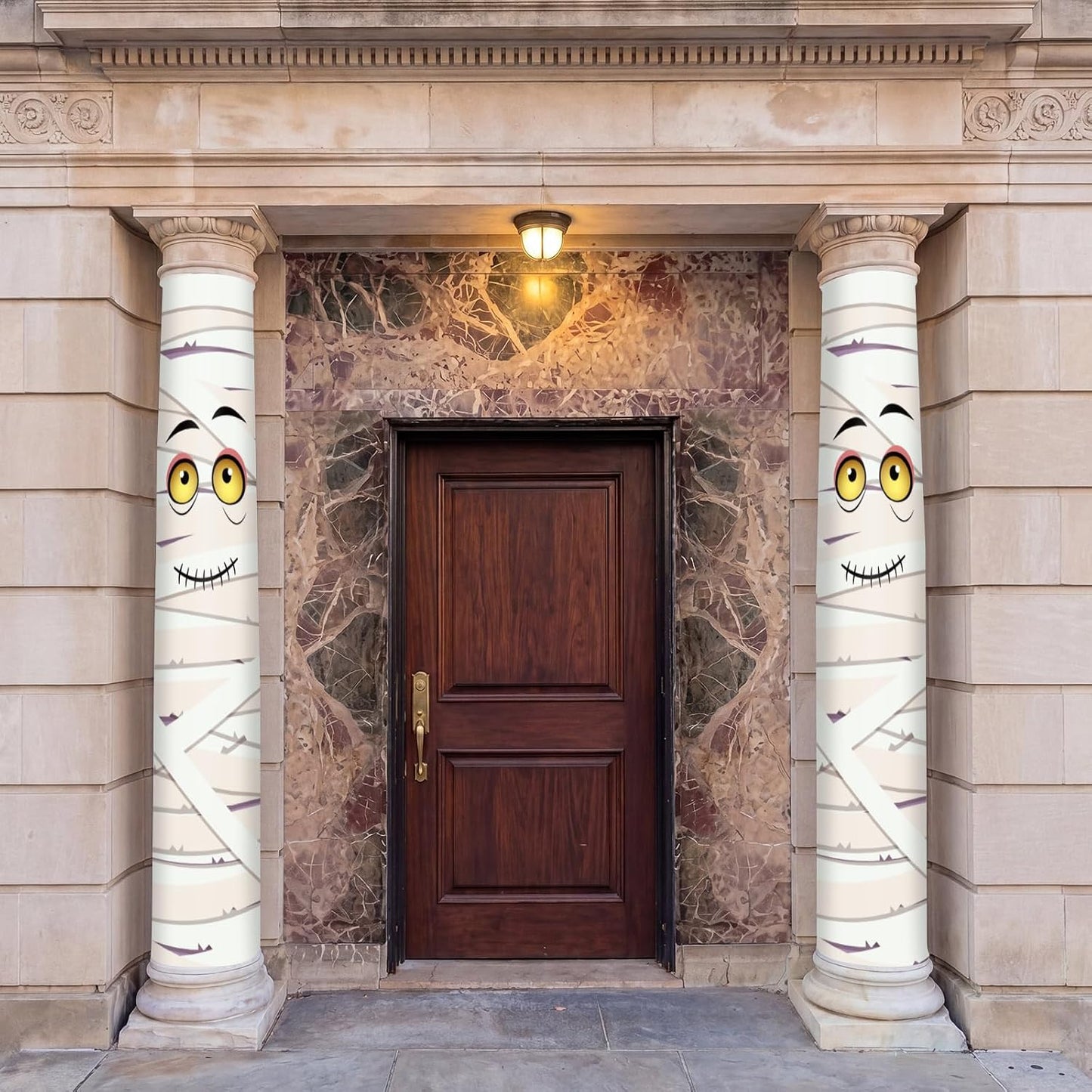 Mindsoft 2 Pack Summer Halloween Mummy Door Cover Decorations with 18ft Straps, 108x54 Inch PVC Weatherproof Spooky Bandage Wrap for Front Porch Pool Beach Haunted House Party Supplies