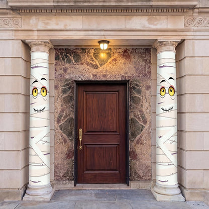 Mindsoft 2 Pack Summer Halloween Mummy Door Cover Decorations with 18ft Straps, 108x54 Inch PVC Weatherproof Spooky Bandage Wrap for Front Porch Pool Beach Haunted House Party Supplies