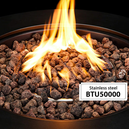 31.5 Inch Round Propane Fire Pit Table - Concrete Round Fire Bowl 50,000 BTU Natural Gas Firepit Burner with Steel Lid, Lava Rocks, Waterproof Cover for Outside Patio, Backyard, Party