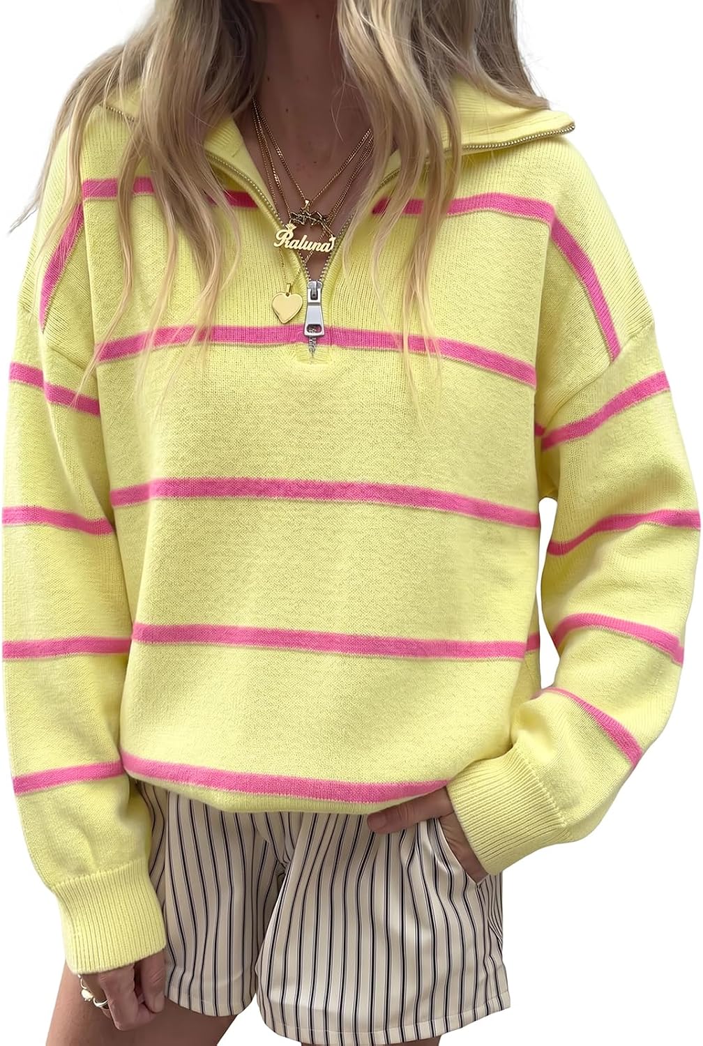 Fisoew Womens Quarter Zip Striped Sweater Oversized Turtleneck Pullover Top