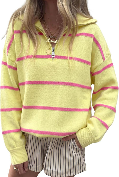 Fisoew Womens Quarter Zip Striped Sweater Oversized Turtleneck Pullover Top