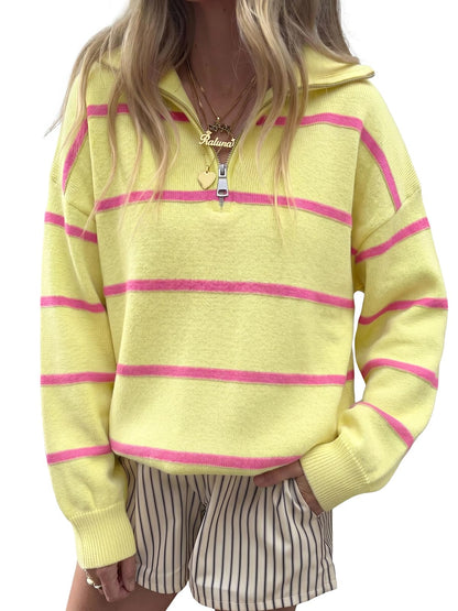 Fisoew Womens Quarter Zip Striped Sweater Oversized Turtleneck Pullover Top