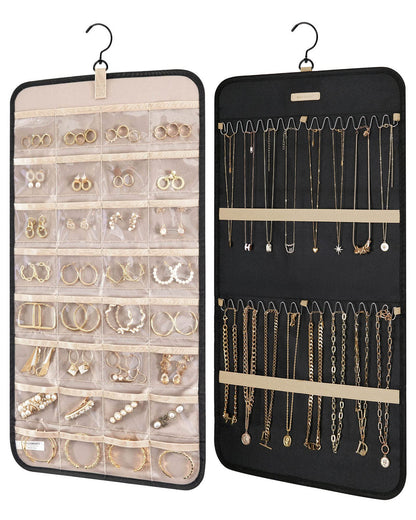 BAGSMART Hanging Jewelry Organizer Storage Roll with Hanger Metal Hooks Double-Sided Jewelry Holder for Earrings, Necklaces, Rings on Closet, Wall, Door, 1 piece, Medium, Pink