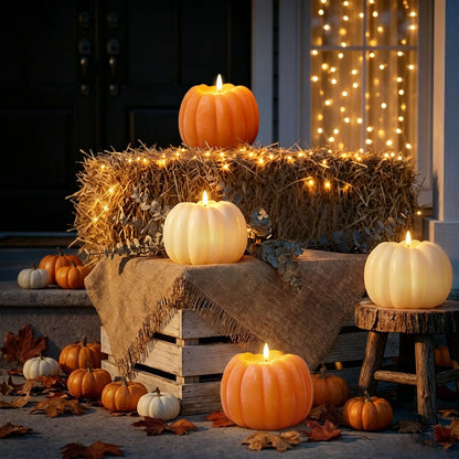 Fall Decor, Fall Decorations for Home - Flameless Pumpkin Candle with Timer Remote - Room Bedroom Table Farmhouse Decor for Halloween, Thanksgiving, Orange+White