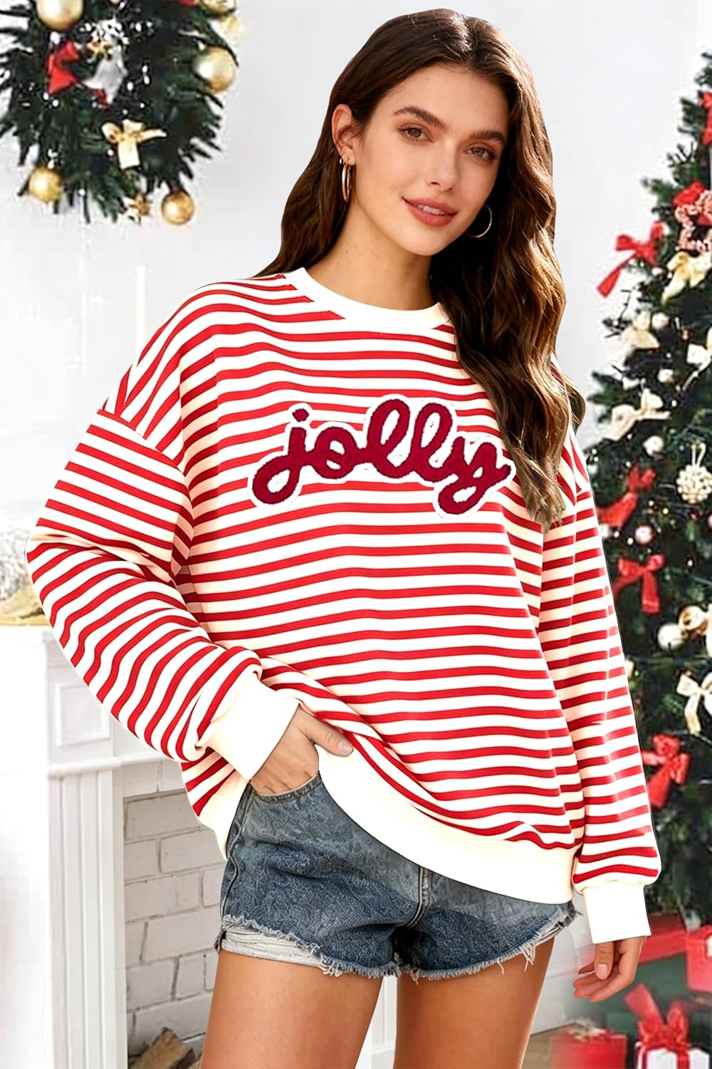 Christmas Sweatshirts For Women Jolly Glitter Patch Striped Sweater