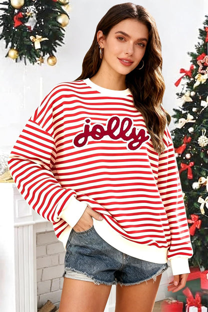 Christmas Sweatshirts For Women Jolly Glitter Patch Striped Sweater