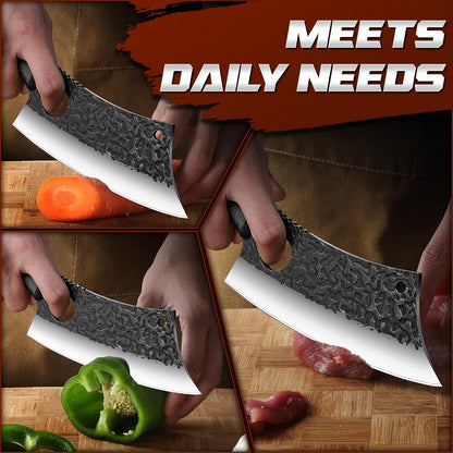ROCOCO Viking Cleaver Knife Birthday - Kitchen Axe & Sheath Father Gift Men | Hand Forged High Carbon Steel Butcher Meat Cutting Boning Knife for Home Outdoor BBQ Camping Chirstmas Mother