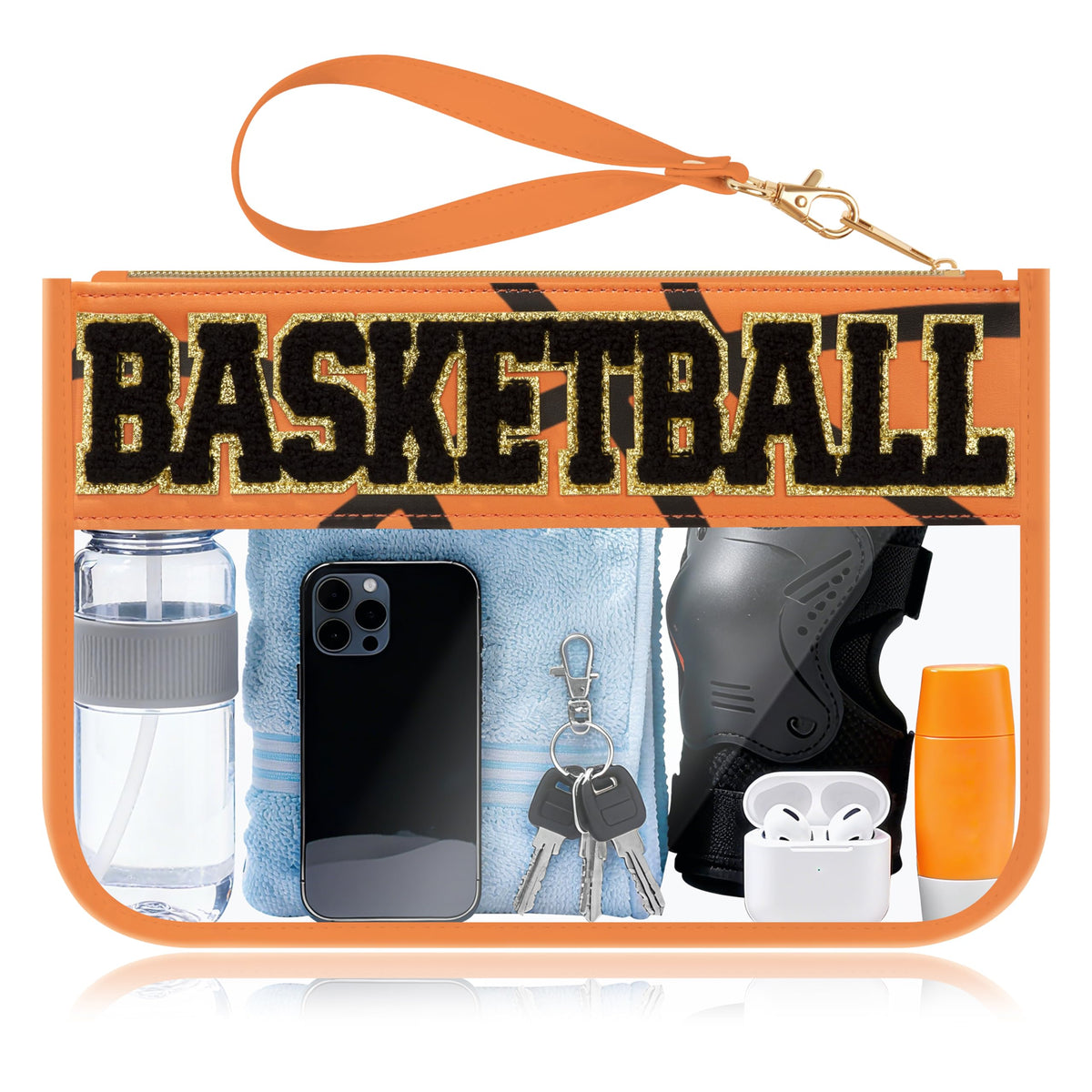 BuyCard Soccer Gift Makeup Bag with Chenille Letter Patch, Clear Cosmetic Pouch PVC Organizer Purse, Waterproof Travel Bag, Portable Toiletry Storage Bag for Her Friends