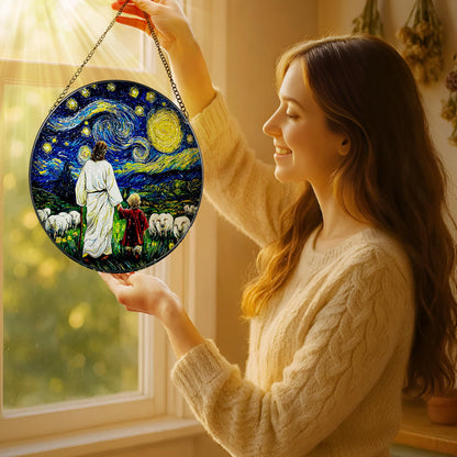 8-Inch Jesus with Cardinals Suncatcher Ornament, Stained Glass Window Hanging & Religious Christmas Ornament, Christian Window Decor — Memorial Gift, Christian Gifts for Her, Religious Gifts