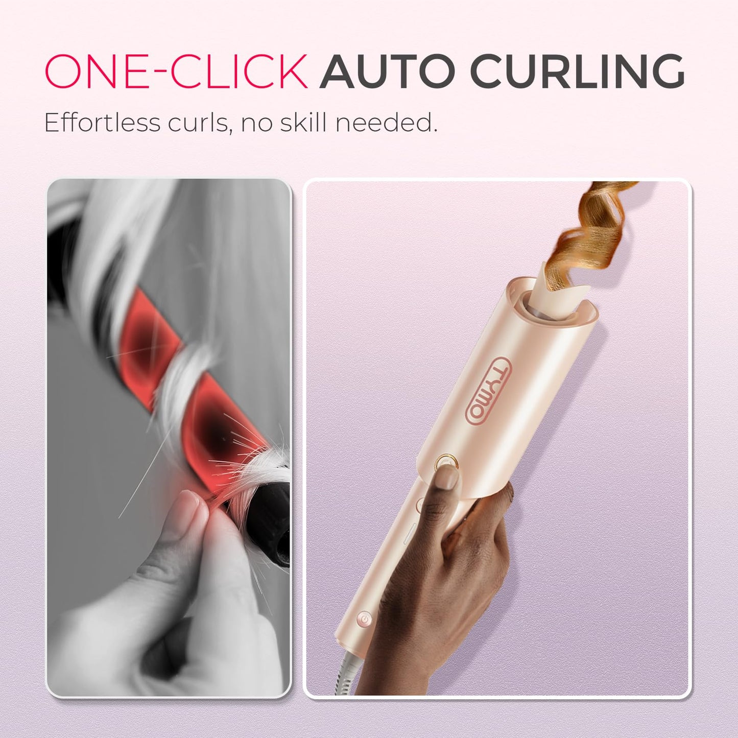 TYMO Automatic Rotating Curling Iron - TYMO CURLPRO Beach Waves Curling Wand, Portable Hair Curler, 500 Million Ionic, Dual Voltage & Lightweight for Travel, Ceramic Coating, 1 Inch, Pink