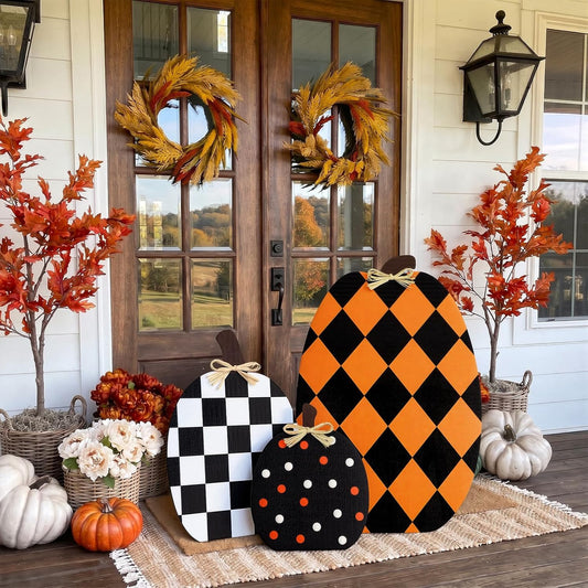 Amyhill 3 Pcs Fall Decorations for Home Porch 24" Rustic Wooden Outdoor Pumpkins Farmhouse Pumpkin Porch Standing Fall Decor for Thanksgiving Halloween Holiday Front Door Garden Patio Kitchen