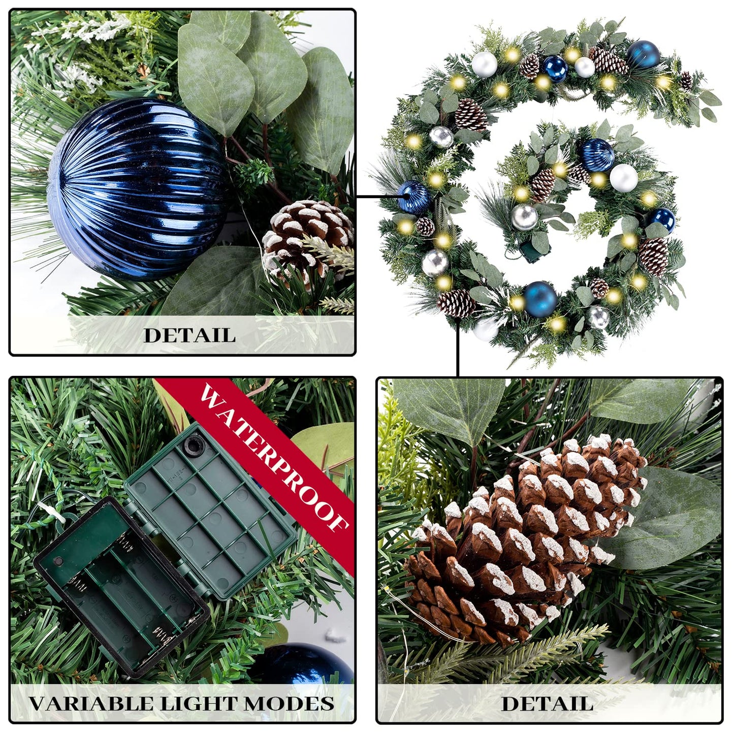 WANNA-CUL Pre-lit 9Feet /108 Inch Christmas Garland with Lights for Front Door, Red Gold Ligthed Christmas Mantel Garland Decoration with Ball Ornaments, Battery Operated 50 LED