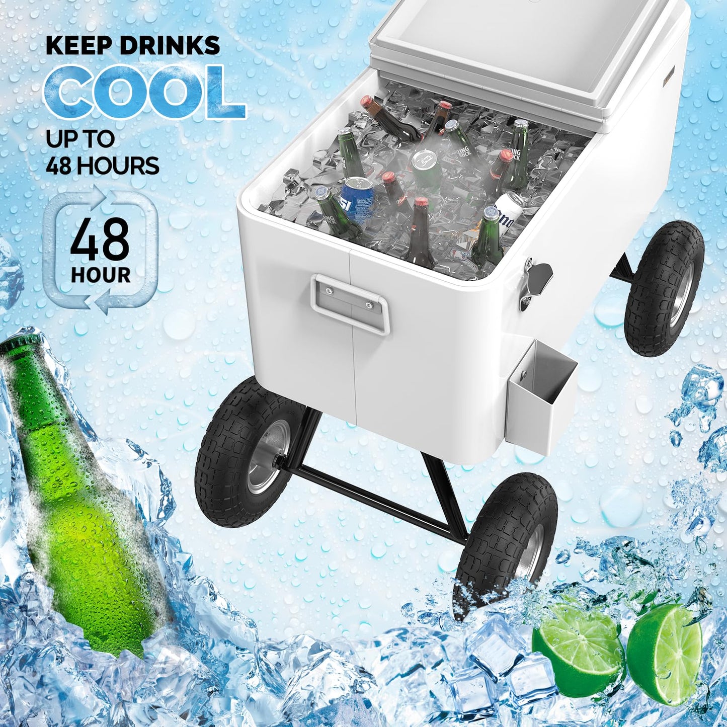 VINGLI 80 Quart Wagon Rolling Cooler Ice Chest, w/Long Handle and 10" Wheels, Portable Beach Patio Party Bar Cold Drink Beverage, Outdoor Park Cart on Wheels