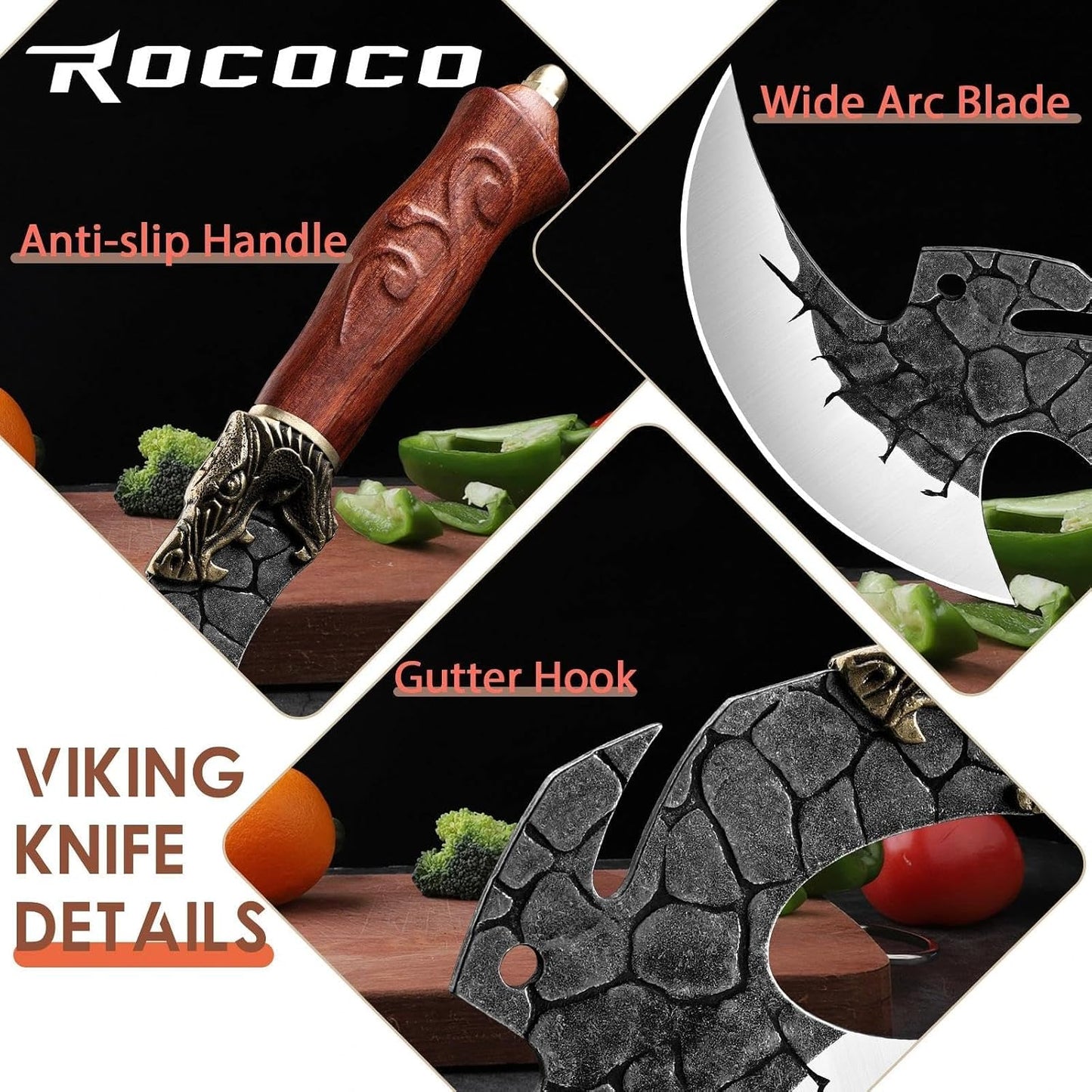 ROCOCO Viking Cleaver Knife Birthday - Kitchen Axe & Sheath Father Gift Men | Hand Forged High Carbon Steel Butcher Meat Cutting Boning Knife for Home Outdoor BBQ Camping Chirstmas Mother