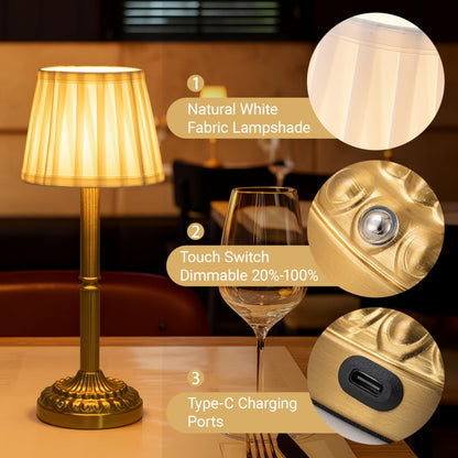 Cordless Table Lamp with Touch Control, Small LED Bedside Lamp with Pleated Shade, 3 Brightness Levels Nightstand Lamp for Bedroom, Living Room & Dorm Room