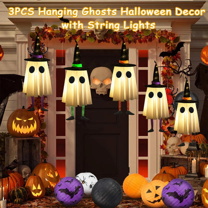 Set of 4 Halloween Hanging Ghosts, Halloween Decorations Outdoor Hanging Ghosts with Witch Hat,Glowing Ghost Witch Hat Lights, Light up Ghost Decor for Yard Patio Garden Tree Outside(4 Ghost Lighted)
