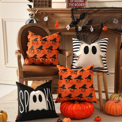 TOYPOPOR Halloween Decorations, 2 Packs Double Sided Ghost Pillow Covers, Soft Fur Throw Pillow Cases Indoor outdoor Pumpkin Couch Cushion Case for Fall Autumn Bedroom Living Room Home Decor 18''x18''