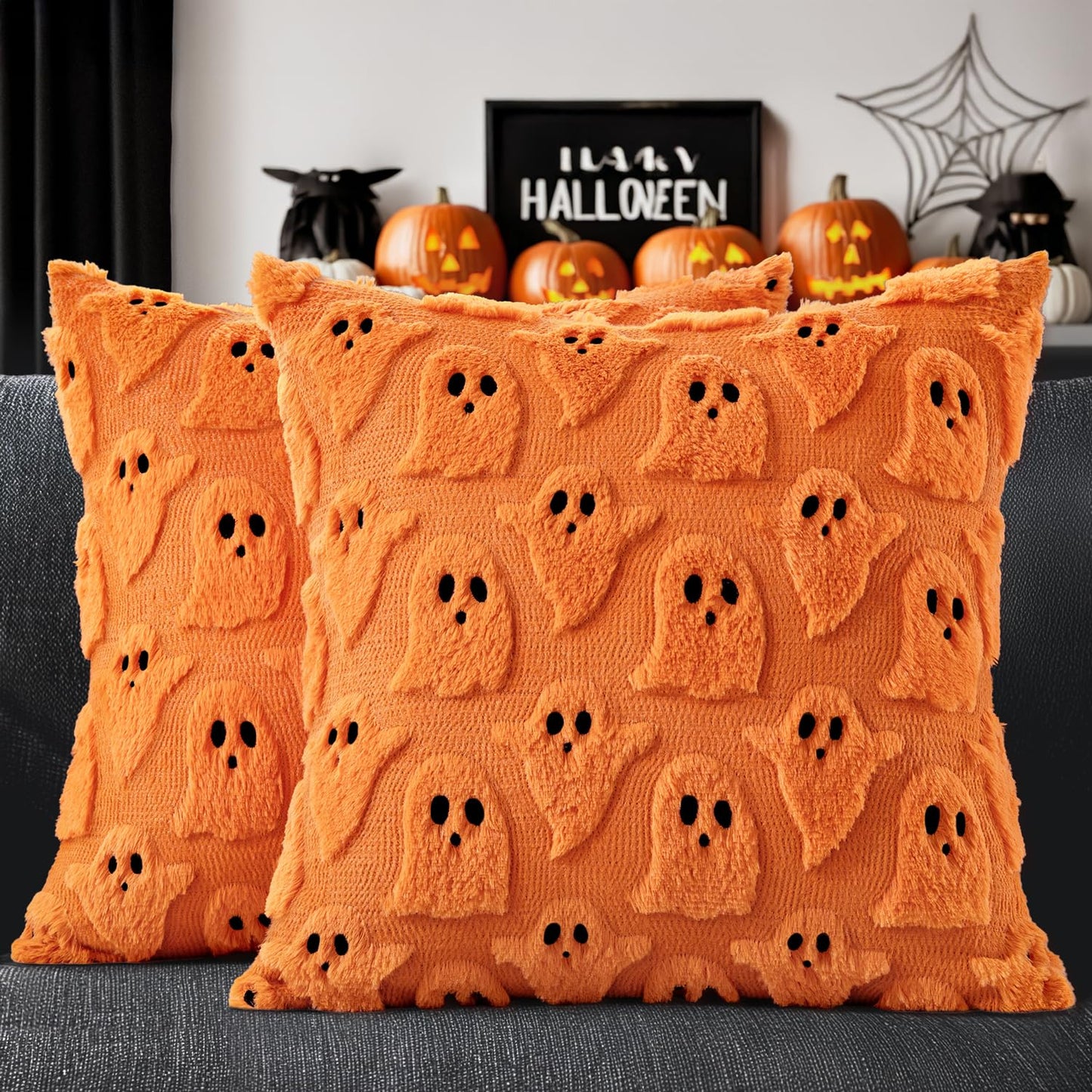 MIULEE Cute Ghost Halloween Pillow Covers 20x20 Inch Set of 2 White | Soft Plush Faux Fur Throw Pillows Spooky Fall Decorative Cushion Covers for Couch Sofa Bed Porch Living Room
