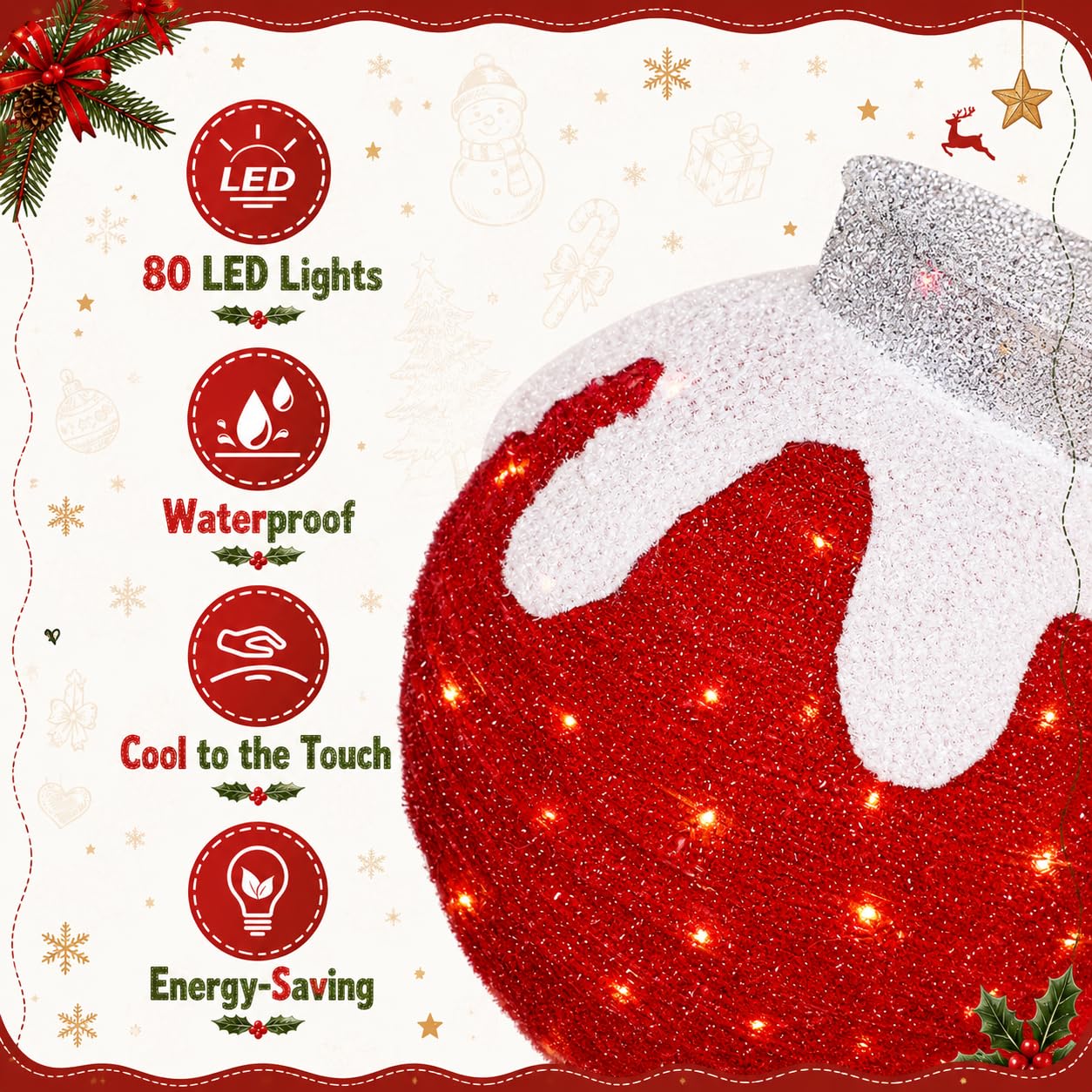 2 Pcs Outdoor Christmas Ornaments, Lighted Pop-Up Holiday Ball Decoration with 160 LED Lights, 8 Light Functions, Lighted Collapsible Christmas Outdoor Decorations for Yard, Patio, Home