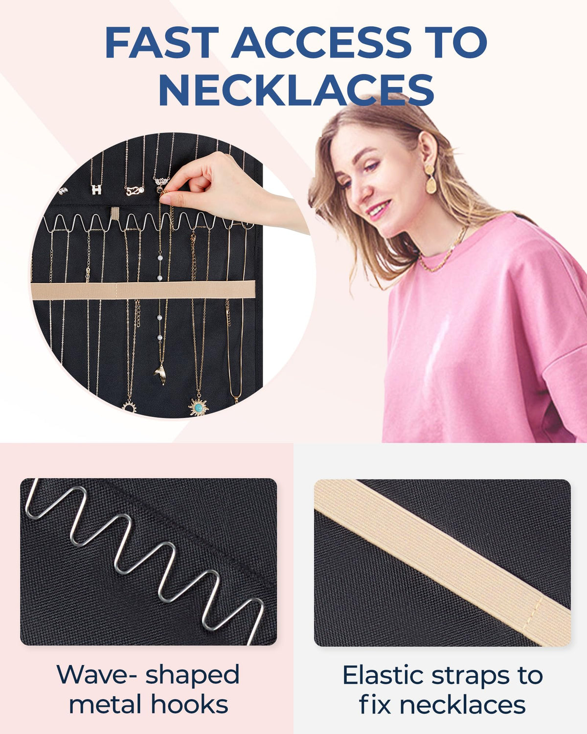 BAGSMART Hanging Jewelry Organizer Storage Roll with Hanger Metal Hooks Double-Sided Jewelry Holder for Earrings, Necklaces, Rings on Closet, Wall, Door, 1 piece, Medium, Pink
