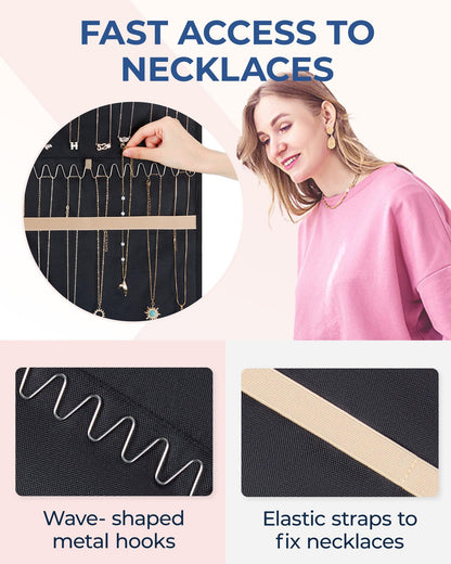 BAGSMART Hanging Jewelry Organizer Storage Roll with Hanger Metal Hooks Double-Sided Jewelry Holder for Earrings, Necklaces, Rings on Closet, Wall, Door, 1 piece, Medium, Pink