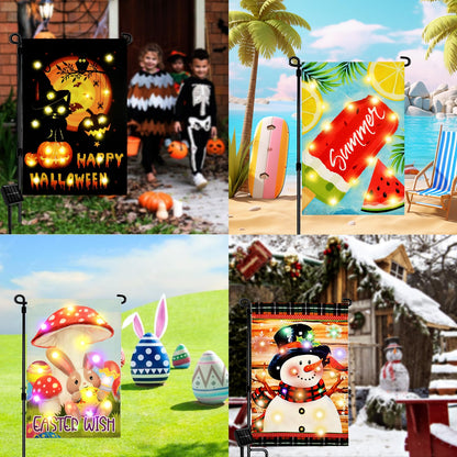 Halloween Lighted Garden Flag for Outside, Led Solar Yard Flag 8 Modes Witch Feet Shape Flag, 28x40 Double Sided Cauldron Eyeball Black Cat Decorations for Home Porch