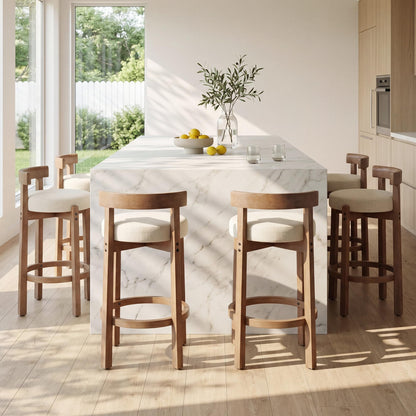 LukeAlon Mid Century Linen Counter Stools Set of 4, Upholstered 26.5” Seat Height Low Barstools with Natural Wood Legs Round Low Back Kitchen Stools with Footrest for Dining Room, Beige