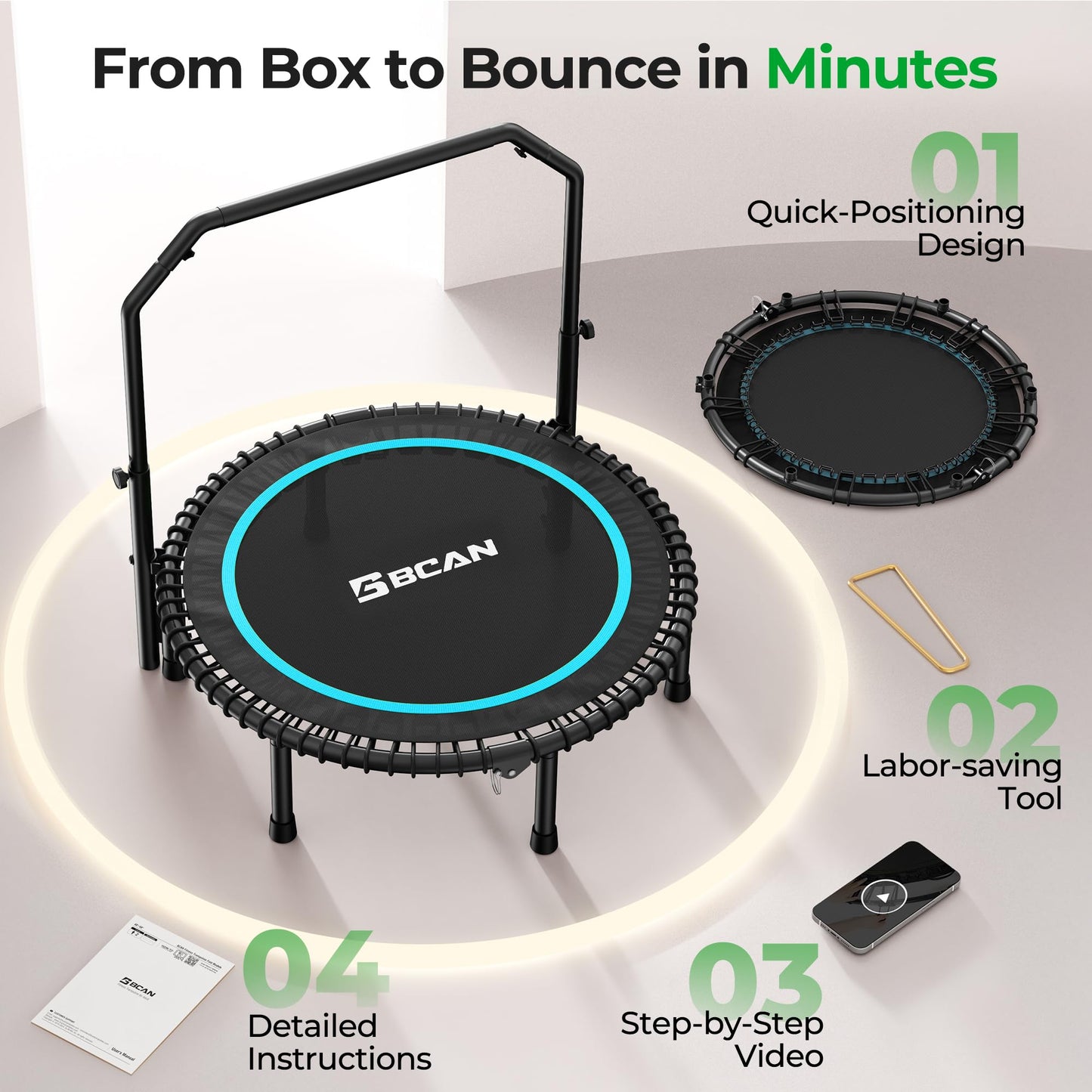 BCAN BT2 450/550LBS Mini Rebounder Trampoline for Adults with Bar, Fitness Trampoline with Bungees, Adjustable Handle, Stable & Quiet, Indoor Outdoor, Whole-Body Workout - 40IN/48IN | FED Fitness
