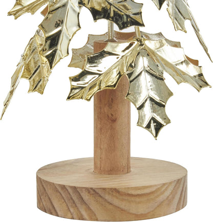 Deco 79 Metal Tree Decorative Sculpture Holiday Layered Holly Leaf Christmas Home Decor Statues with Wooden Base and Star Topper, Set of 3 Accent Figurines 22", 18", 14"H, Gold