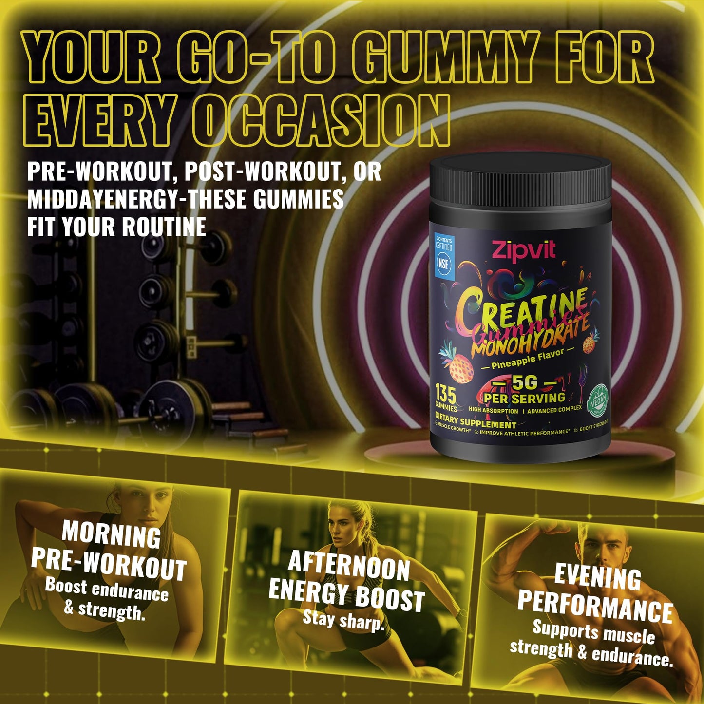 Creatine Monohydrate Gummies, NSF Certified Creatine Gummy, 5g Dose for Men & Women to Support Muscle, Strength, Recovery, Cognitive Health & Memory, Pineapple Flavor, 135 Gummies