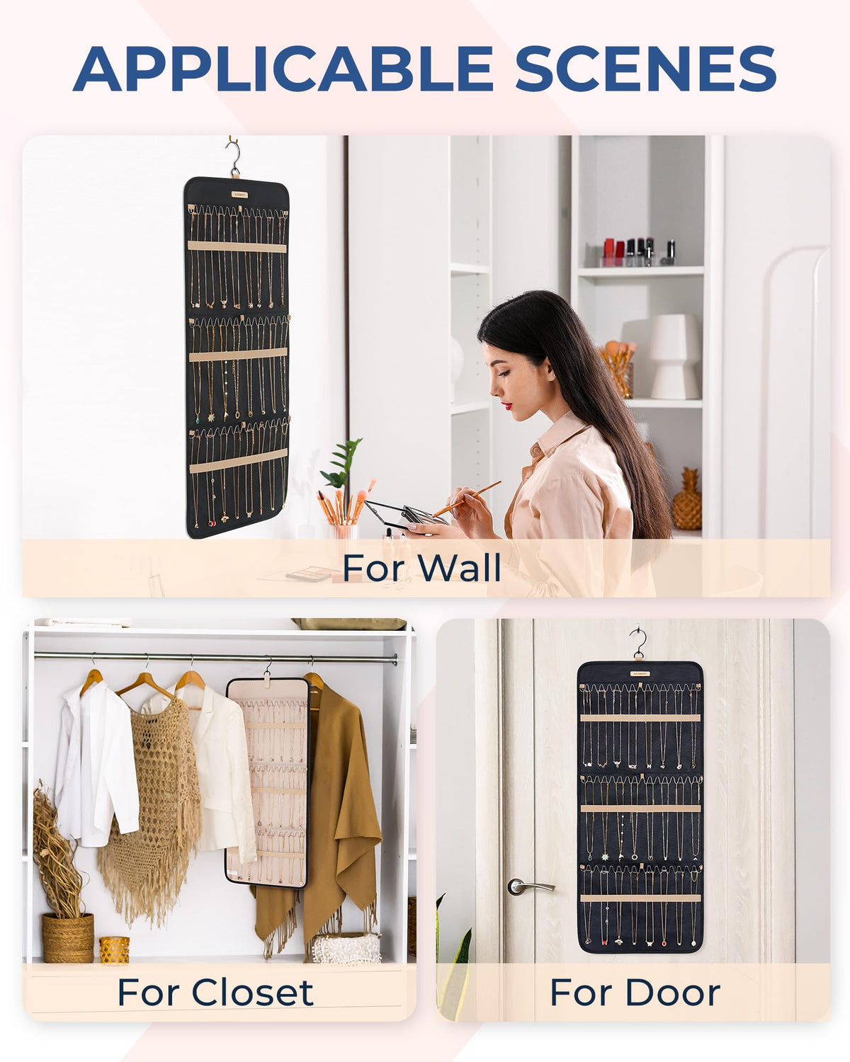 BAGSMART Hanging Jewelry Organizer Storage Roll with Hanger Metal Hooks Double-Sided Jewelry Holder for Earrings, Necklaces, Rings on Closet, Wall, Door, 1 piece, Medium, Pink