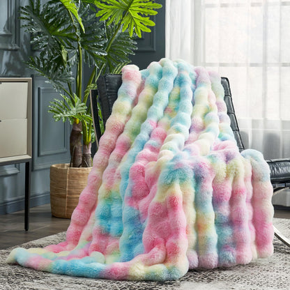 Cozy Bliss Faux Fur Throw Blanket for Couch, Fuzzy Soft Plush Thick Bubble Blanket for Sofa Bedroom Living Room, 50 * 60 Inches Tie Dye Pink