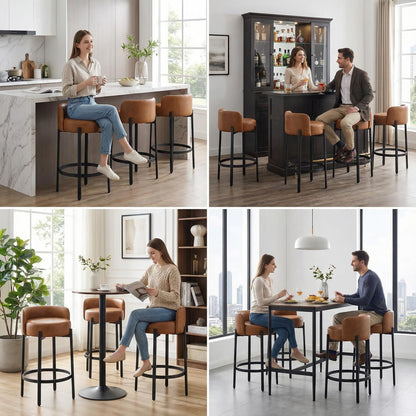 LukeAlon Mid Century Linen Counter Stools Set of 4, Upholstered 26.5” Seat Height Low Barstools with Natural Wood Legs Round Low Back Kitchen Stools with Footrest for Dining Room, Beige