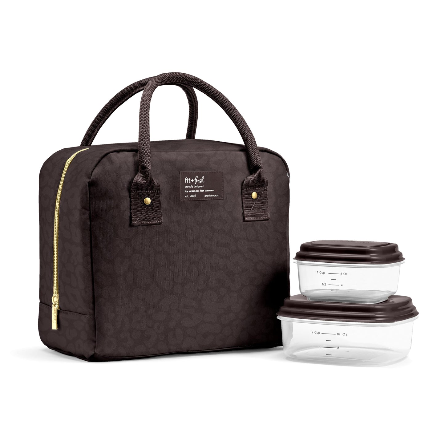 Fit & Fresh Bloomington Lunch Bag for Women - Insulated Large Lunch Box for Work with Containers, Leak-Resistant, Stain-Resistant, Zipper Closure, Cheetah