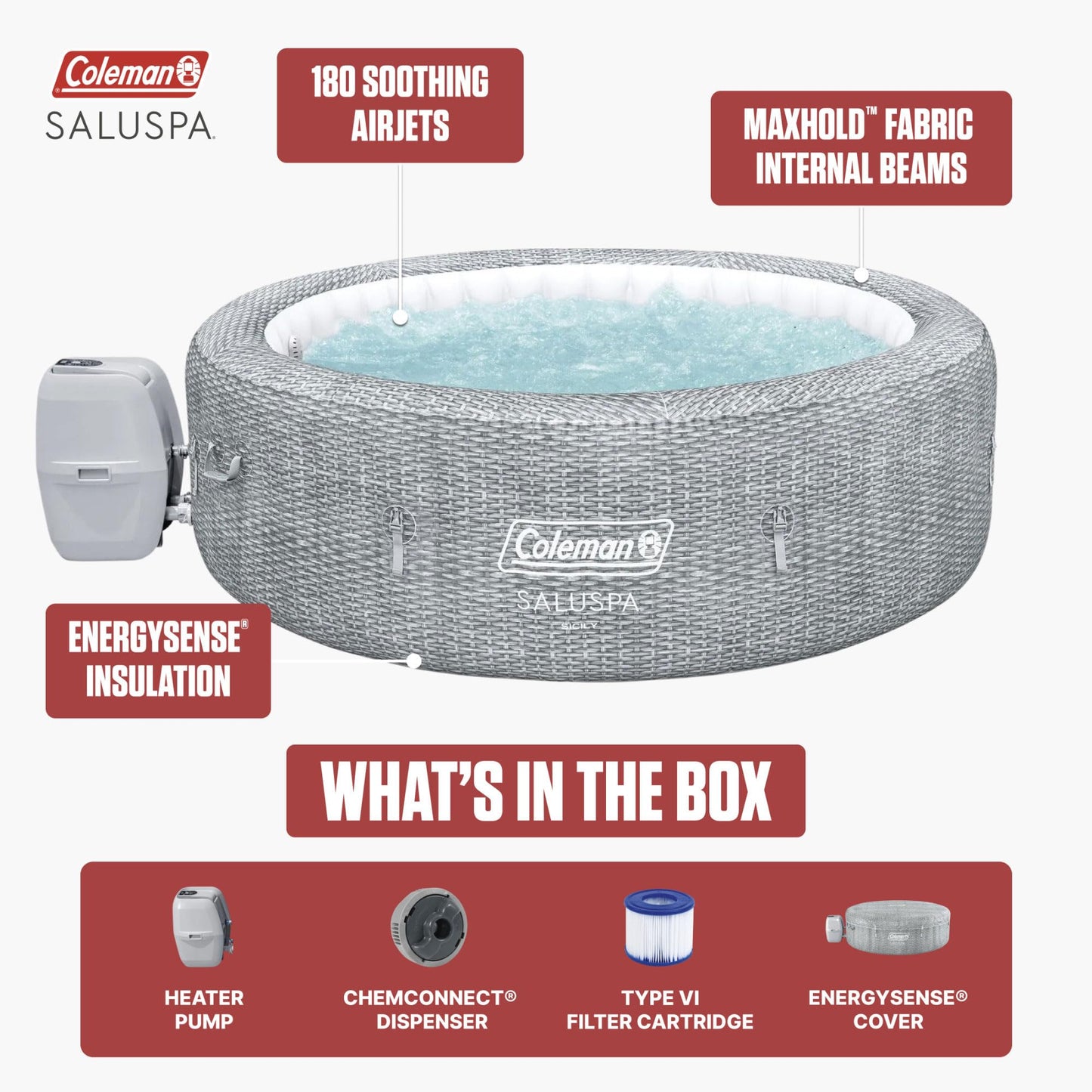 Coleman Sicily 5 to 7 Person Inflatable Hot Tub, Round Portable Outdoor Spa with 180 AirJets and EnergySense Cover, Grey, 85" x 28"