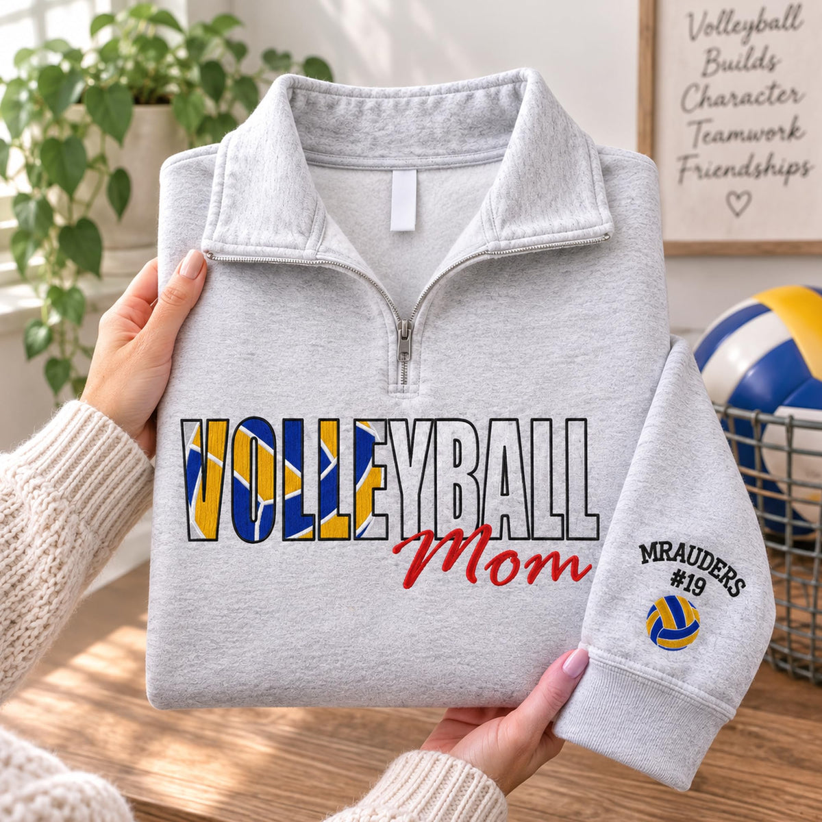 NAZENTI Personalized Sports Mom Quarter Zip Sweatshirt, Football Volleyball Soccer Mom Pullover, Gifts For Mama Grandma